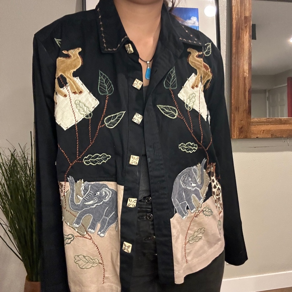 New Directions Black and Cream Utility Jacket with Artistic Embellishments